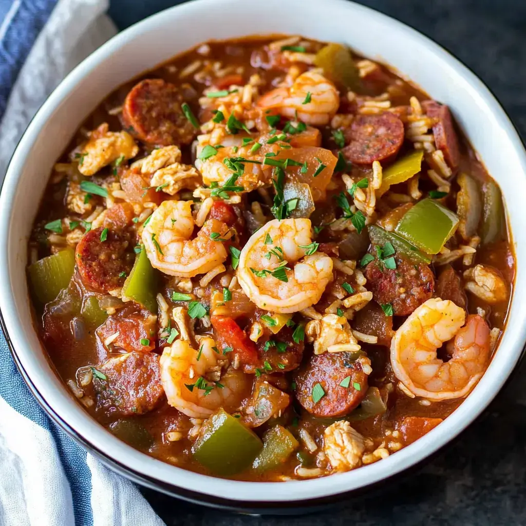 A hearty bowl of sausage, shrimp, and rice jambalaya loaded with peppers and fresh parsley.