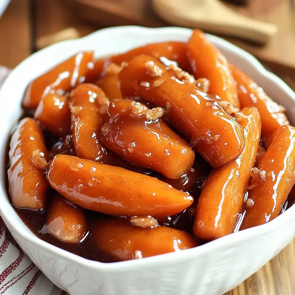 A sweet, sticky glaze coats a bowl of tender carrots.