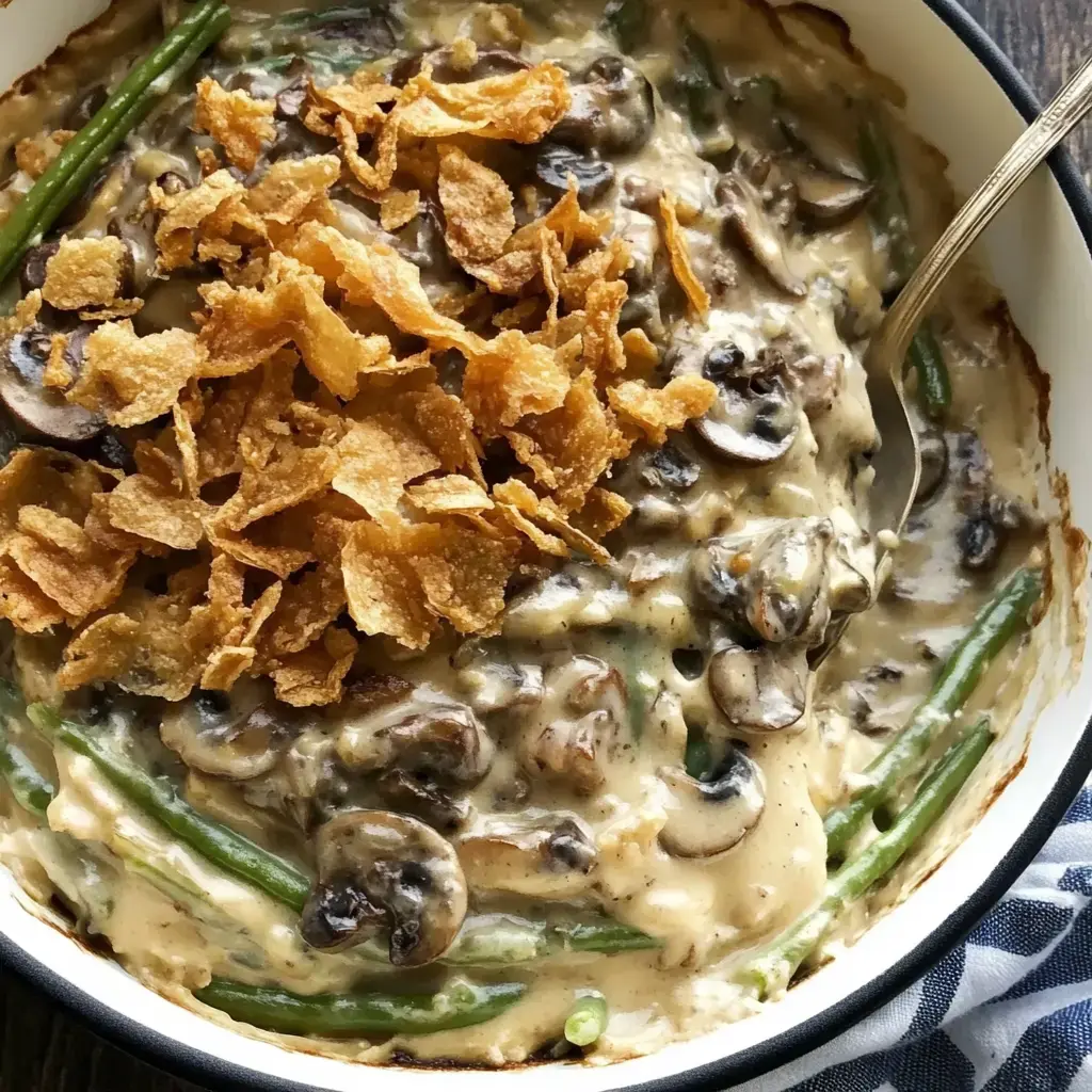 A creamy dish of green beans and mushrooms with a crispy onion topping.