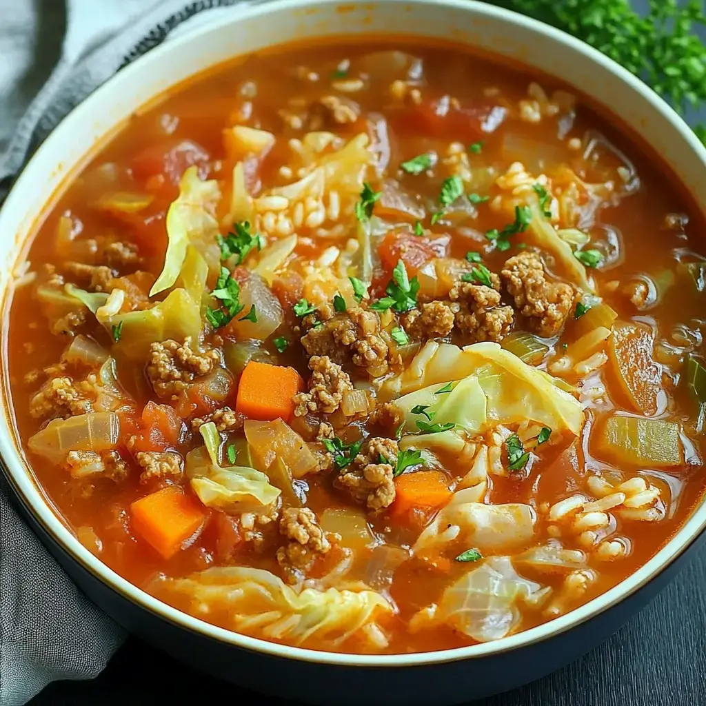 Close view of a rich stew with ground beef, veggies, and parsley in a white bowl.