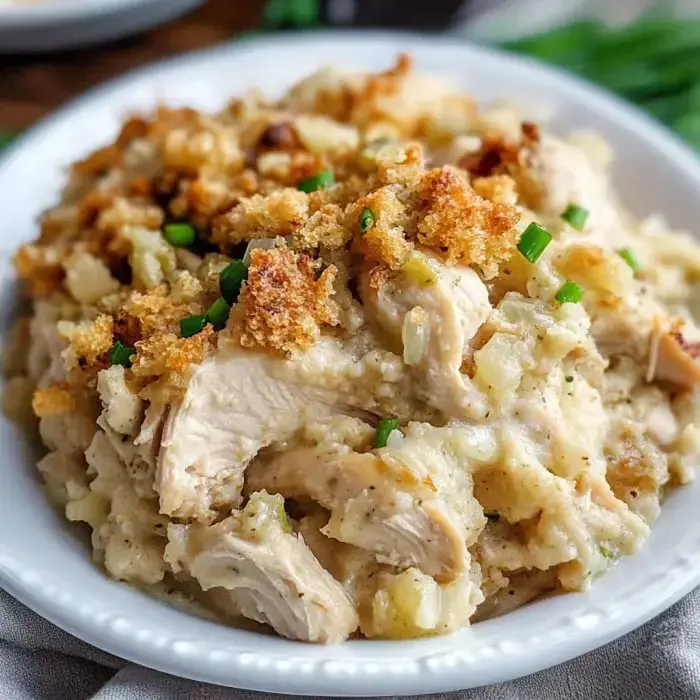 Creamy chicken and stuffing topped with crispy breadcrumbs and green onions, served in a white bowl.