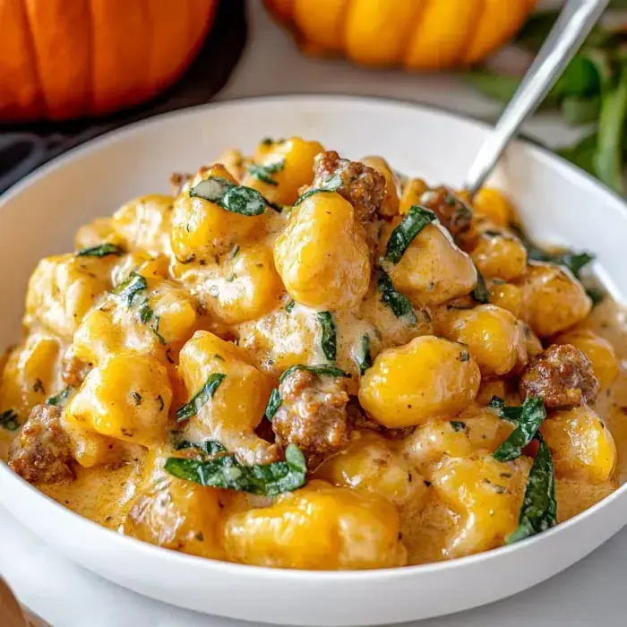 A comforting blend of gnocchi, sausage, and creamy sauce with hints of fresh herbs and greens.