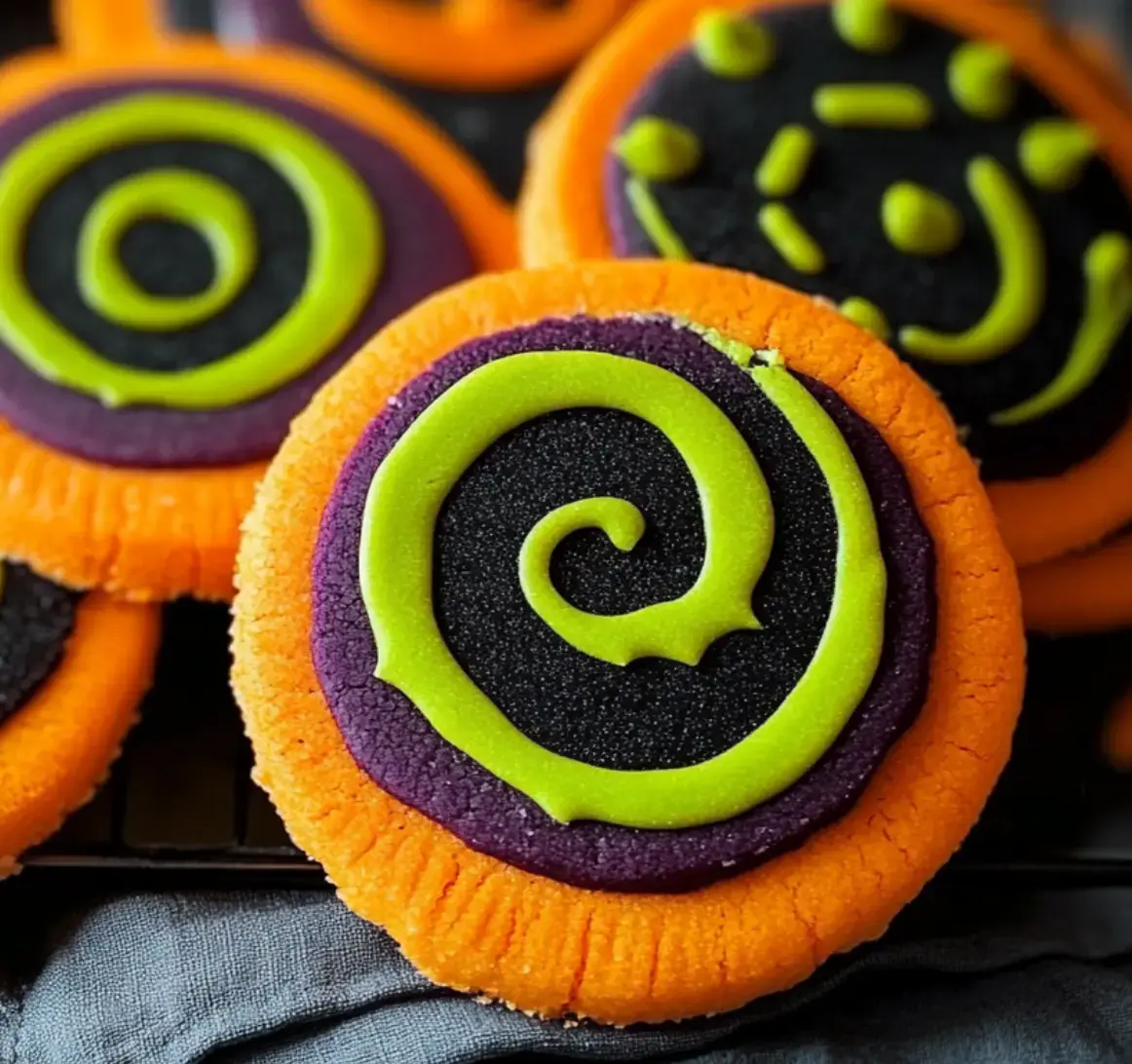 A close-up of boldly patterned Halloween cookies in orange, black, and green layers with cool icing designs.