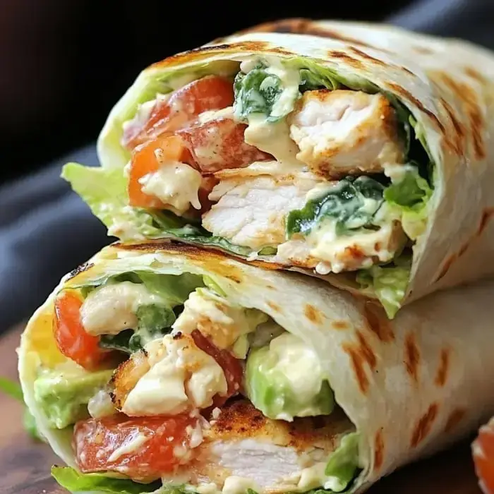 Close-up of two grilled chicken wraps stuffed with fresh greens, tomatoes, and a creamy spread, wrapped in toasted tortillas.