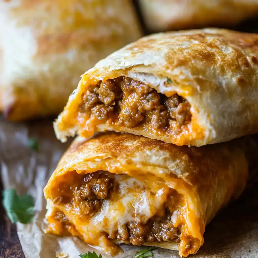 Golden-brown, cheesy tortilla pockets with spicy meat, on parchment paper.