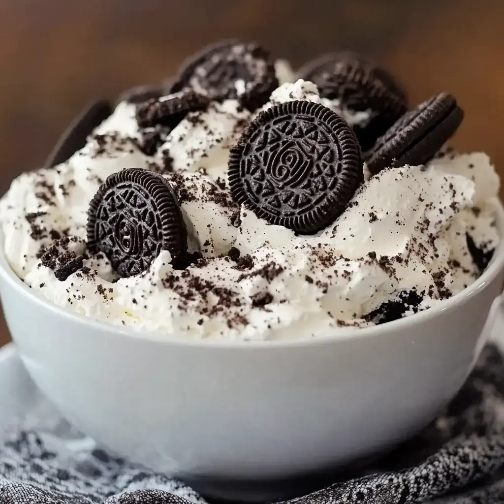 Creamy whipped dessert topped with Oreos and cookie crumbles.