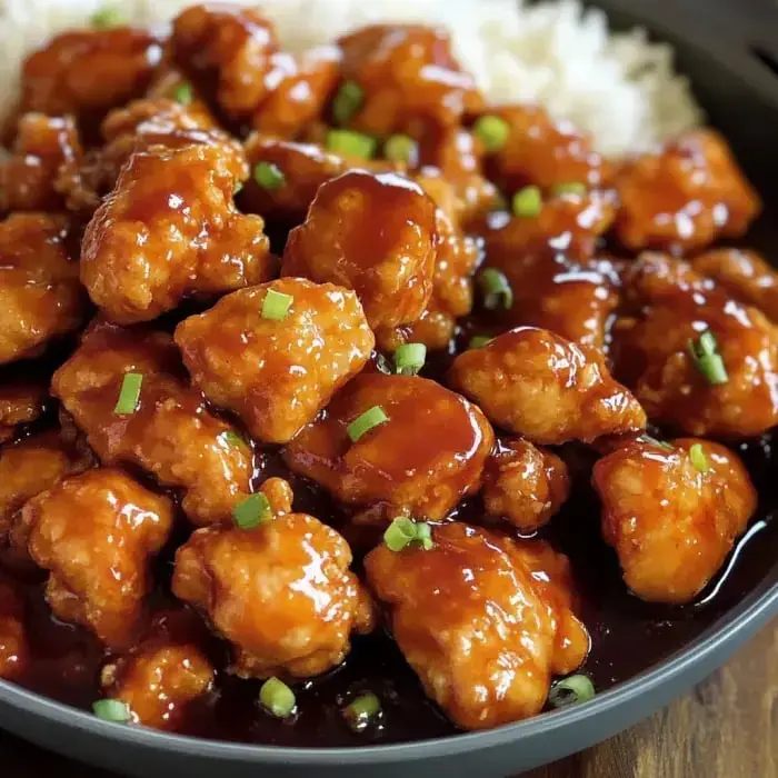 Golden-crisp chicken chunks in a shiny, spicy glaze, topped with fresh green onions, sitting on a bed of rice.