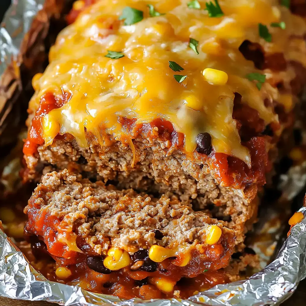 A close-up of melted cheese on meatloaf garnished with herbs, next to a vibrant corn and tomato topping.