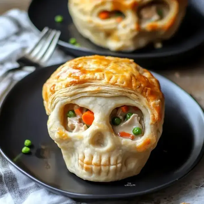 A flaky skull-shaped pastry stuffed with chicken and veggies, served on a dark plate.