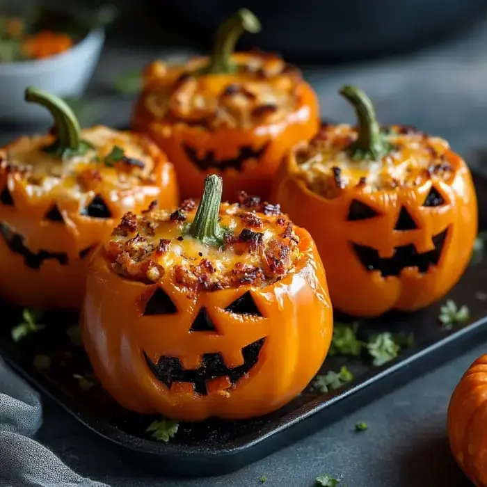 Orange bell peppers stuffed with delicious filling, baked until tender with a cheesy top, shaped like jack-o'-lanterns.