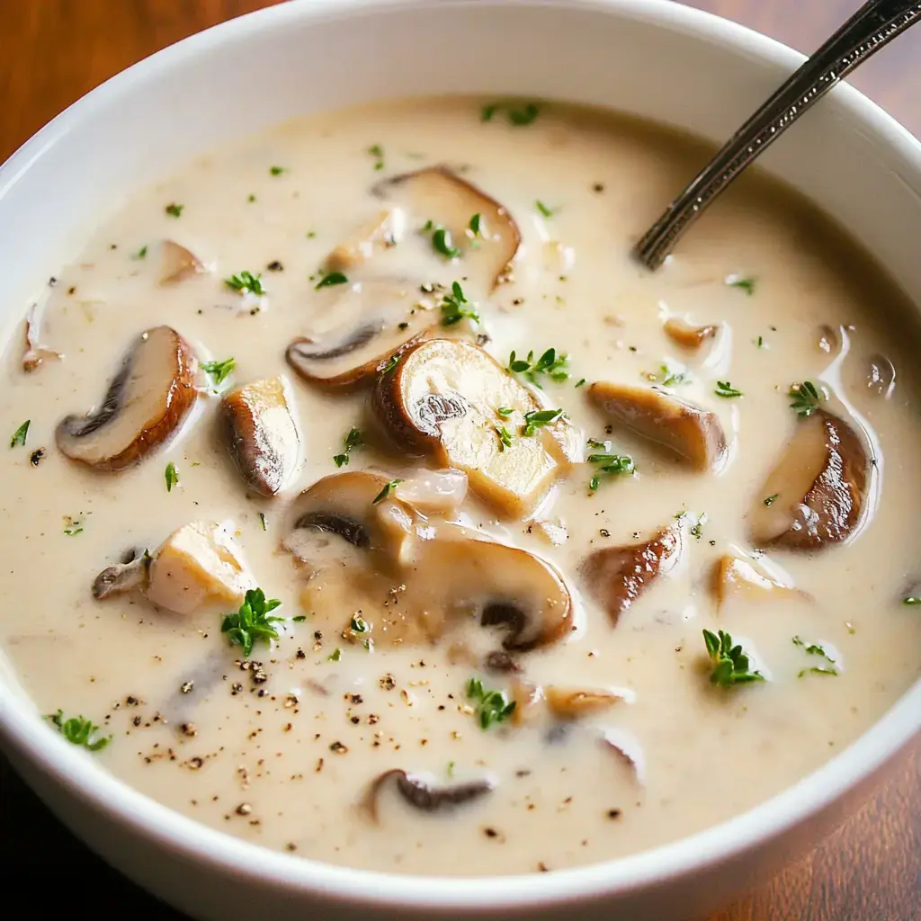 A creamy mushroom soup bowl topped with fresh herbs and cracked pepper.