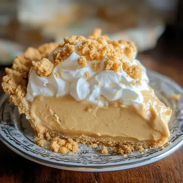 A creamy pie slice with whipped topping and cookie-like crumbles, served on a pretty plate.