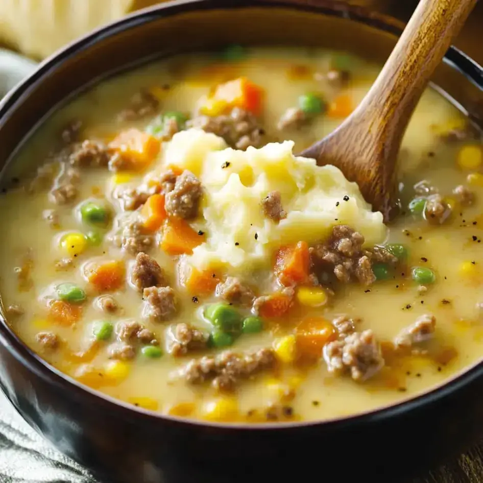 Creamy soup in a bowl featuring tender meat, veggies, and a dollop of mashed potatoes, served on a rustic background.