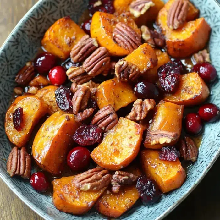 A serving of roasted butternut squash with cranberries and pecans coated in a sweet glaze.