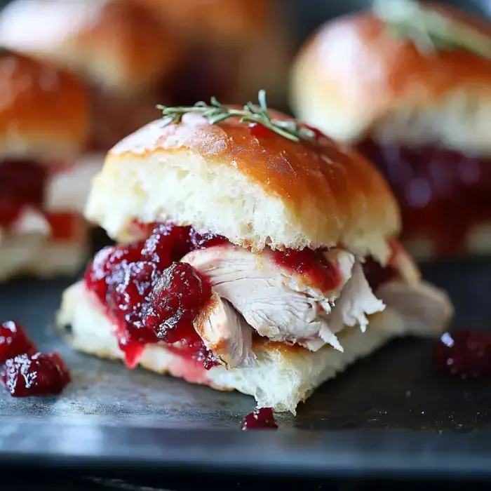 Close-up of a slider stuffed with turkey and cranberry, topped with rosemary.