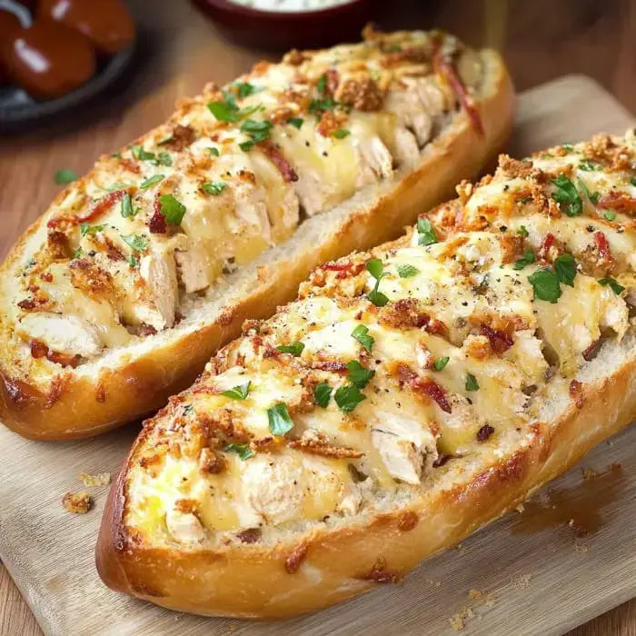 Golden toasted bread stuffed with shredded chicken, gooey cheese, crispy bacon, and herbs on a cutting board.
