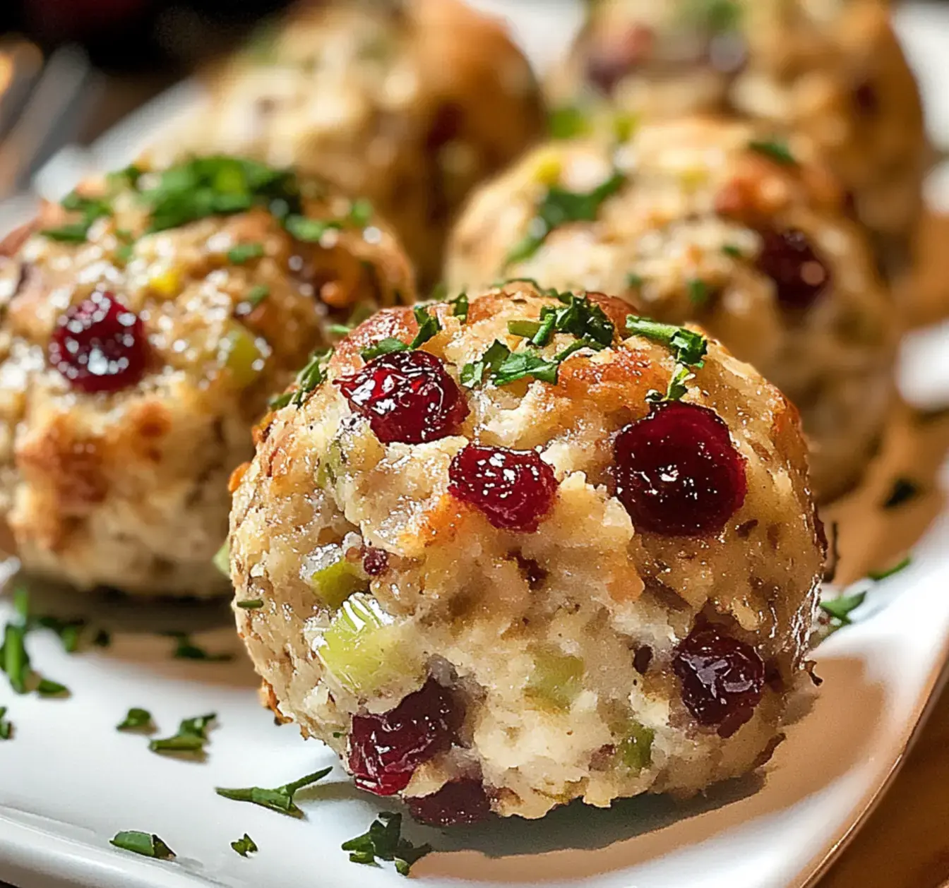Close-up of round turkey balls with cranberries and herbs, neatly placed on a white dish.