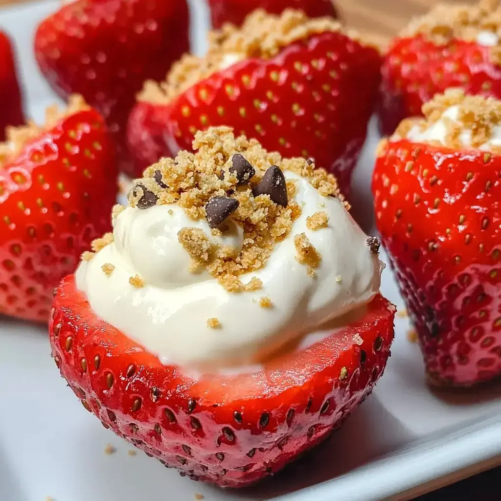 Close-up of strawberries filled with creamy cheesecake and topped with cookie crumbs and chocolate chips.