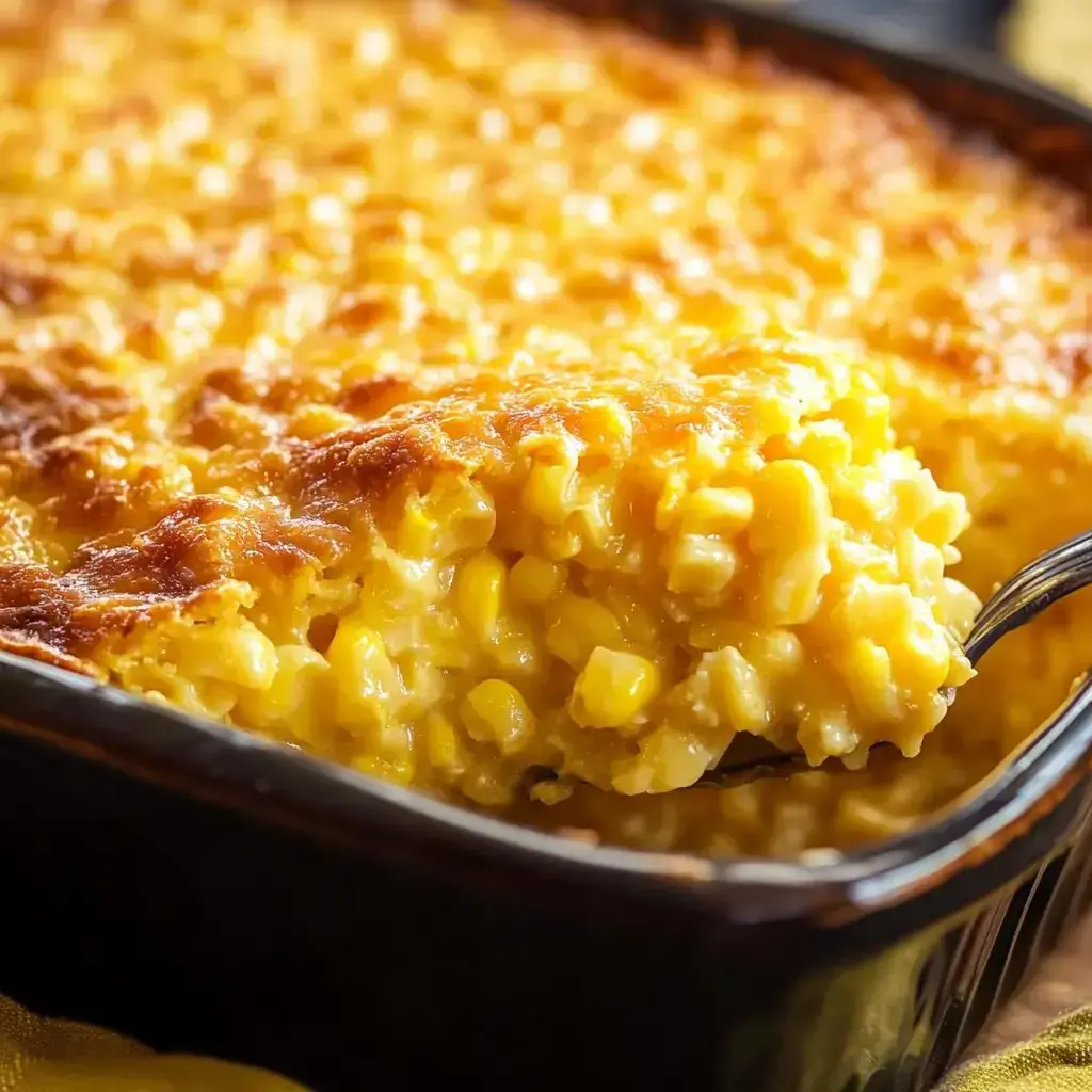 A yummy golden corn casserole being served with a spoon.