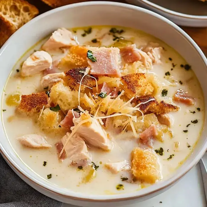 A creamy soup bowl with ham chunks, shredded chicken, crispy croutons, and herbs on top.