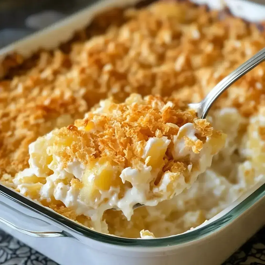 A golden helping of creamy potatoes with a crispy topping and hints of melted cheese against a cozy kitchen backdrop.