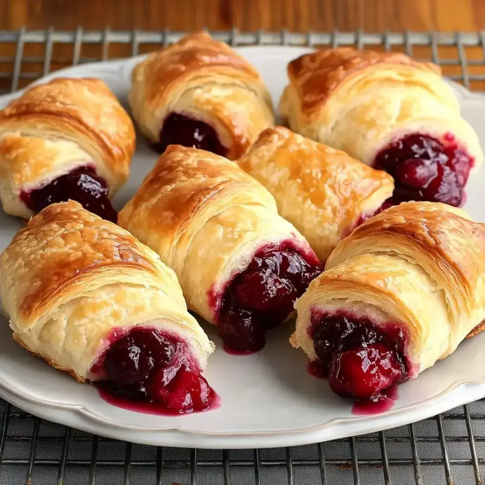 Golden-brown pastries with sweet cherry filling spilling slightly, sitting on a plate ready to eat.