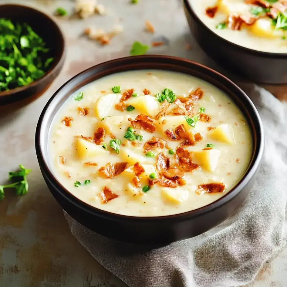 A steaming bowl of creamy potato soup garnished with crispy bacon and parsley, served alongside a small bowl of fresh herbs.