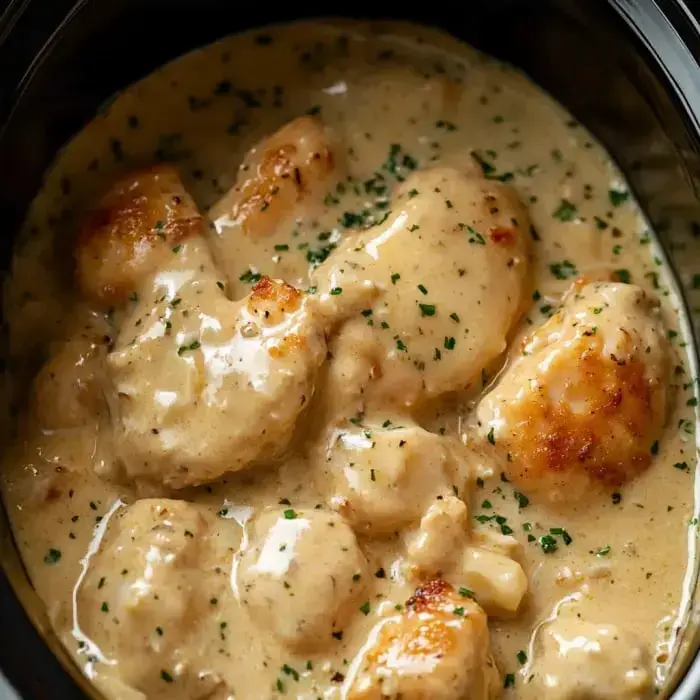 Creamy chicken with biscuits and parsley in a slow cooker.