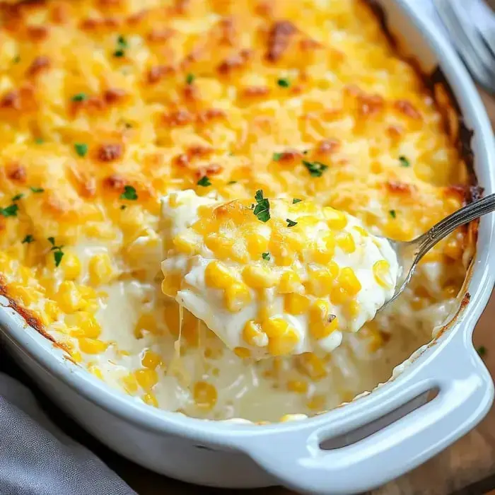 Golden cheese crust covering creamy corn in a baking dish with a scoop being lifted to serve.