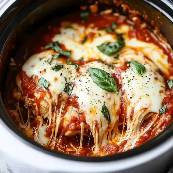 Melted mozzarella on chicken in marinara sauce inside a slow cooker, topped with fresh basil.