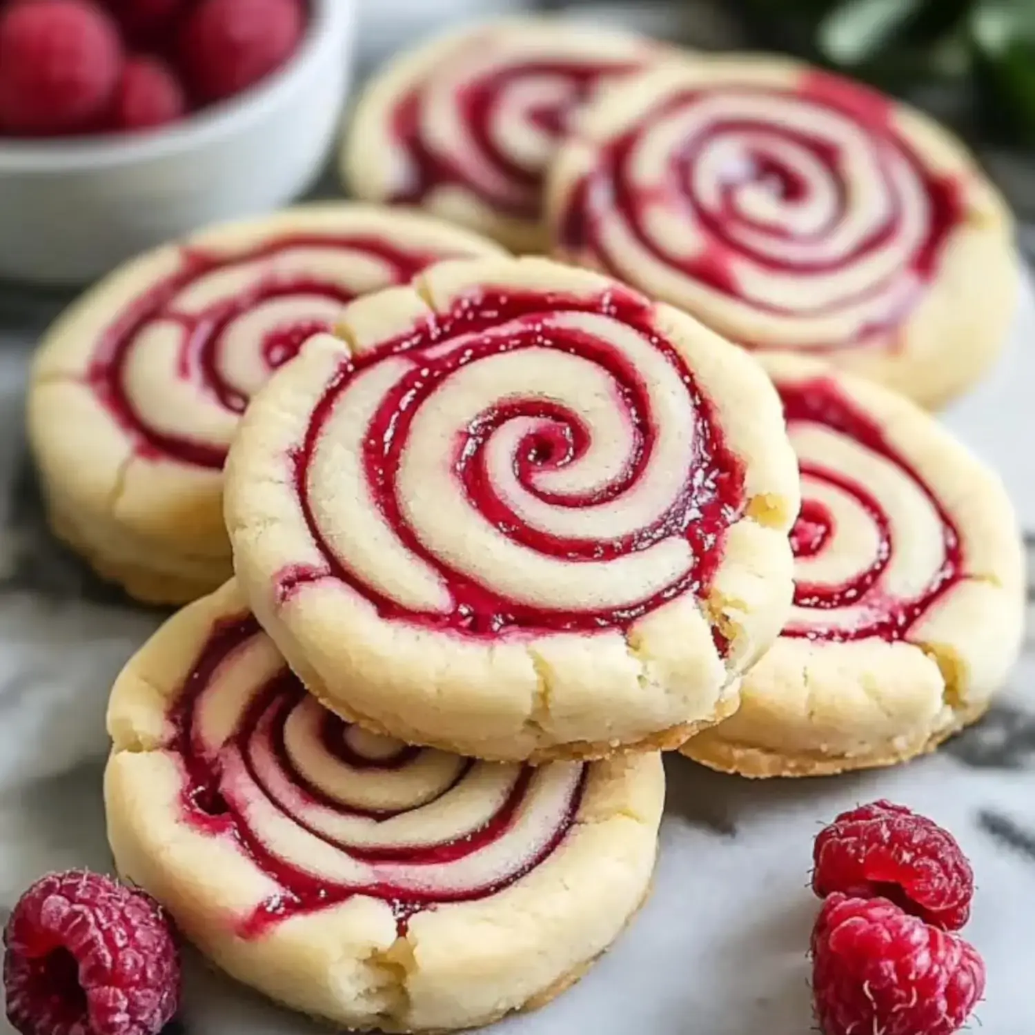 Close-up of raspberry swirl cookies with a bowl of raspberries in the background, resting on a marble surface.