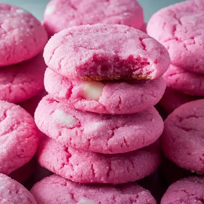 Stacked pink cookies, one with a bite taken out, surrounded by more cookies.