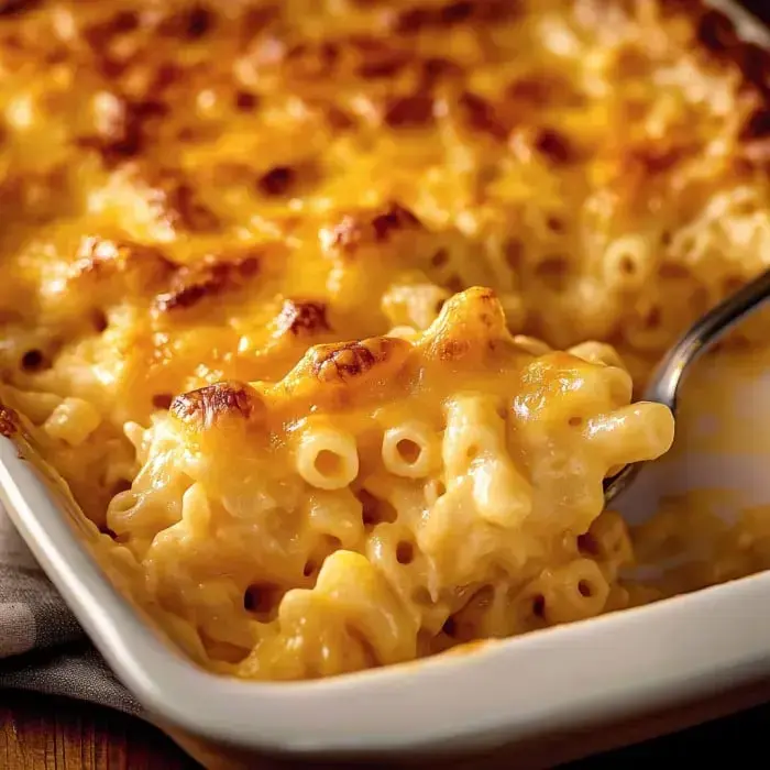 Close-up of cheesy baked macaroni with a crunchy golden top.