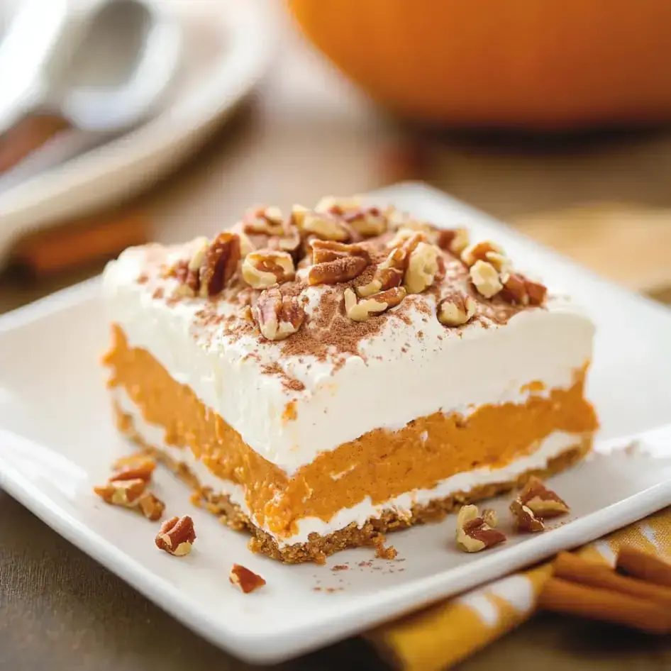 A generous slice of pumpkin dessert with layers of nuts, cream, and pumpkin spice, topped with whipped cream and pecans.
