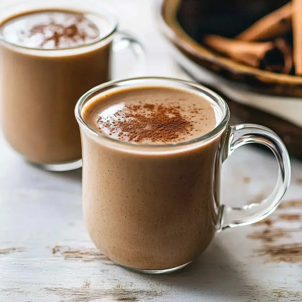 Two clear mugs filled with creamy spiced coffee sprinkled with cinnamon, placed next to a dish of cinnamon sticks.