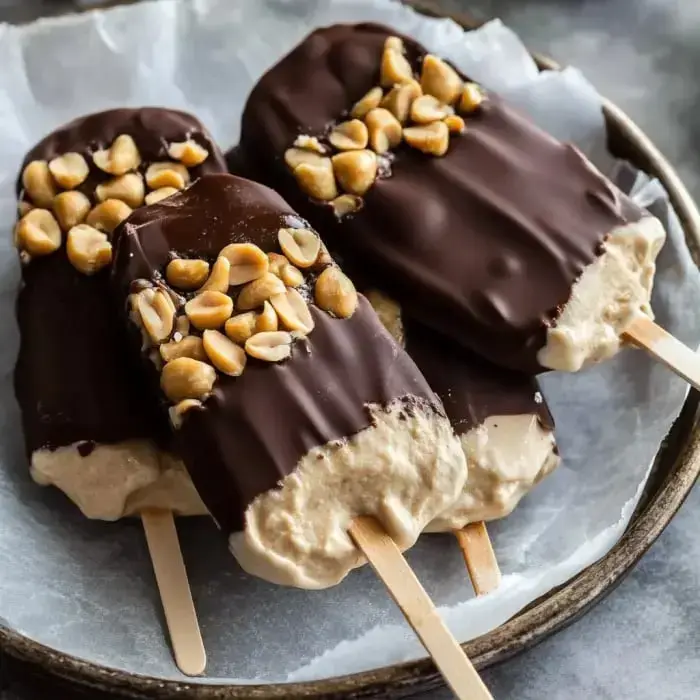 A plate of cool chocolate-dipped bars sprinkled with peanuts.