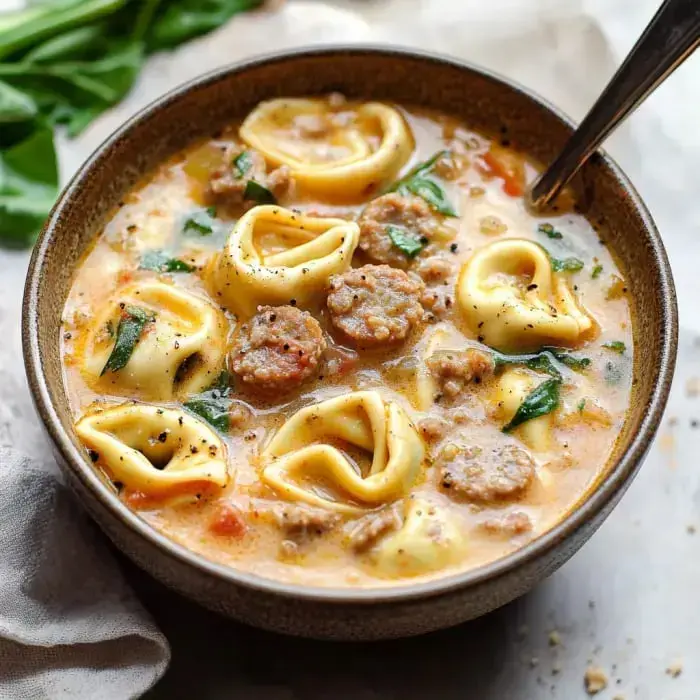 A comforting bowl of sausage and tortellini soup with tomatoes, spinach, and cream, dusted with black pepper.