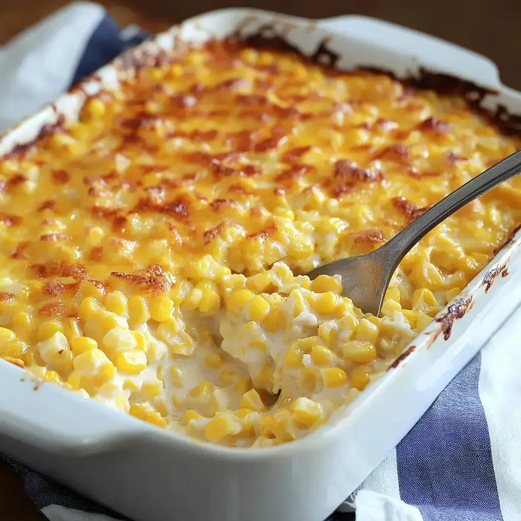 Warm, cheesy corn bake being served from a crisp golden-topped white dish.