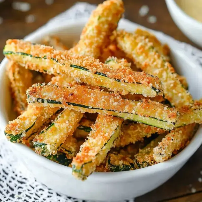 A bowl of golden-crusted zucchini fries served to show off their crunch in detail.
