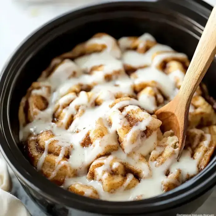 Close look at soft cinnamon rolls, iced and served in a black crockpot with a wooden spoon nearby.
