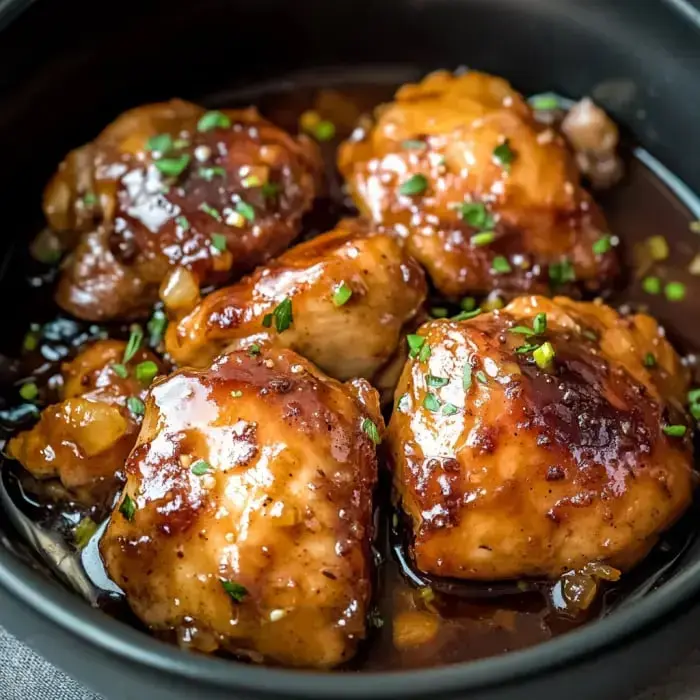 Close-up of glazed chicken thighs with green onions in a rich sauce.