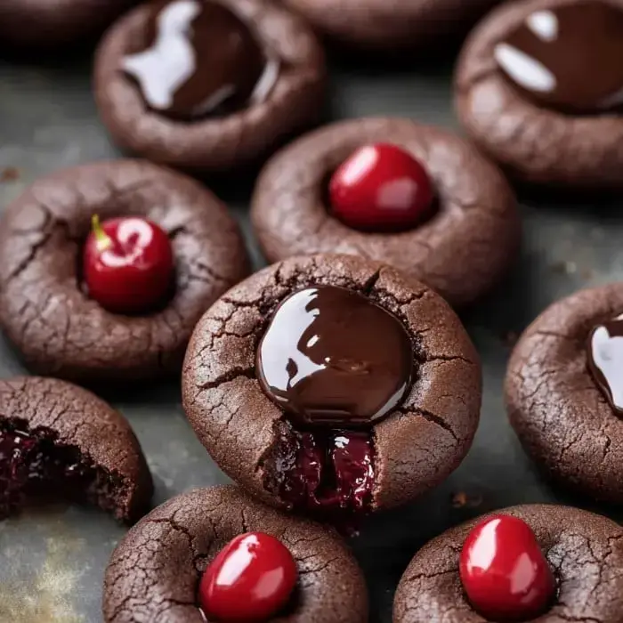 Close-up of fudgy chocolate cookies filled with glossy ganache and a bright cherry garnish.