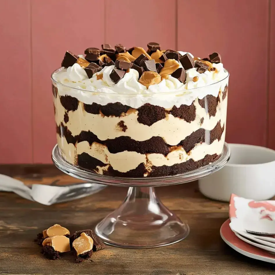 A creamy layered dessert in a glass dish topped with chocolate shavings and whipped cream.