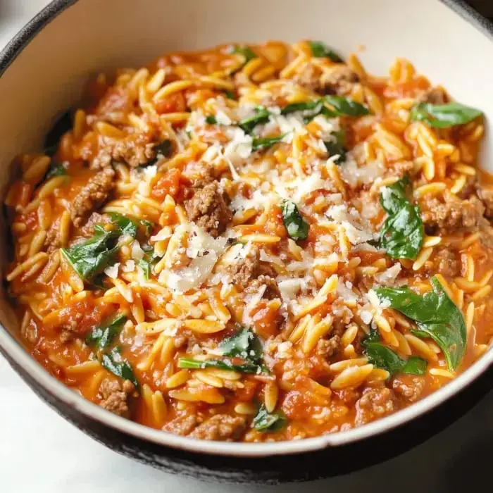 A rich orzo pasta with seasoned ground beef, spinach, and grated Parmesan served in a bowl.