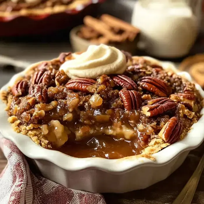 Close view of a pecan cobbler topped with whipped cream, with a slice cut out showing its rich nutty filling.