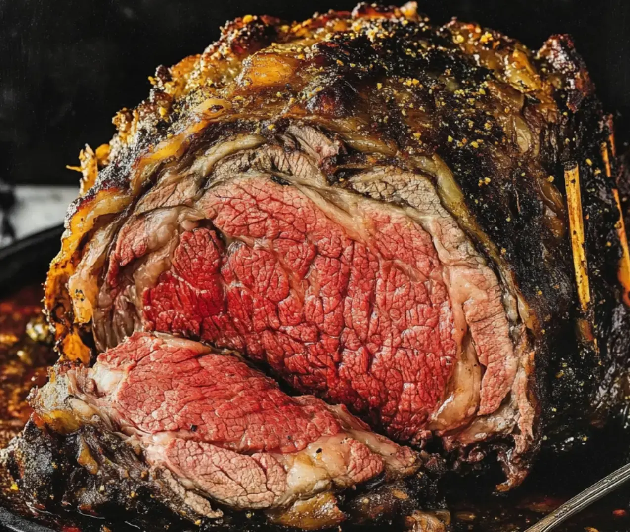 A juicy prime rib roast with a crispy herb crust, sliced to reveal its pink center and served on a dark plate.