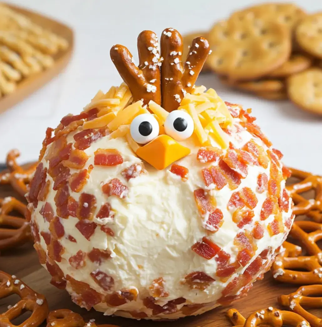 A playful bird-shaped cheese ball with bacon, ranch, and pretzel feathers, surrounded by crunchy snacks.