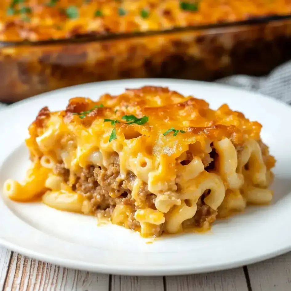 A cheesy pasta bake with ground beef, topped with parsley and served on a white plate.