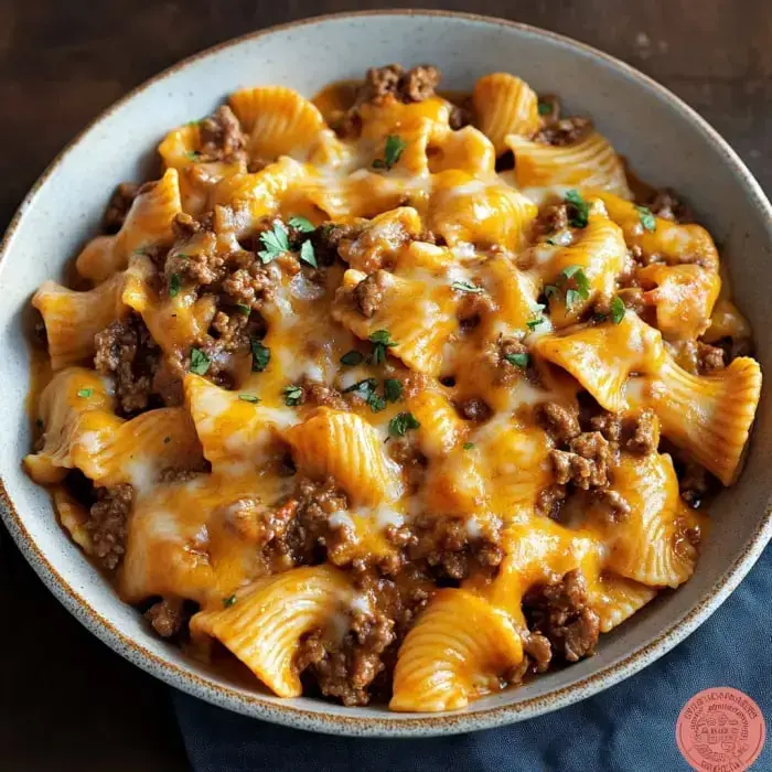 Creamy pasta with taco-seasoned beef, topped with fresh herbs in a white bowl.