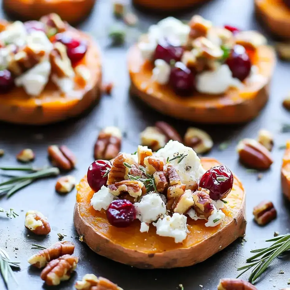 Roasted sweet potato rounds loaded with goat cheese, cranberries, pecans, and fresh herbs, styled on a dark plate.